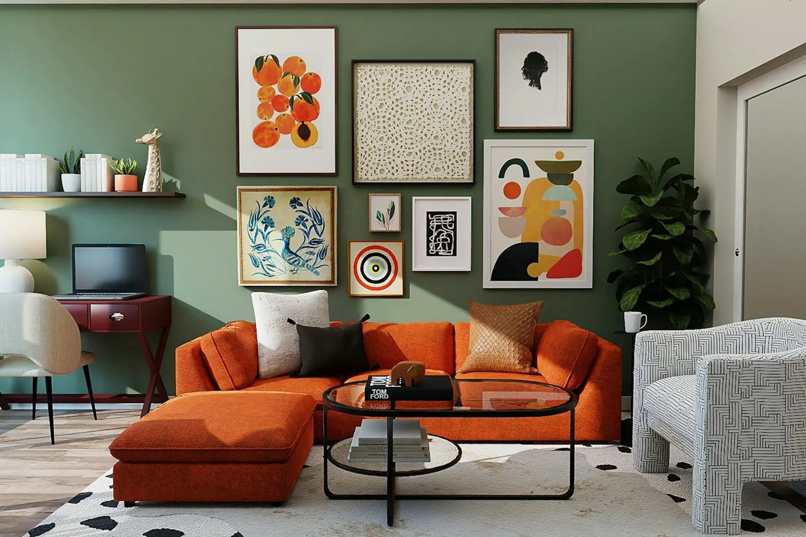 Sala con sofá naranja, pared verde y cuadros